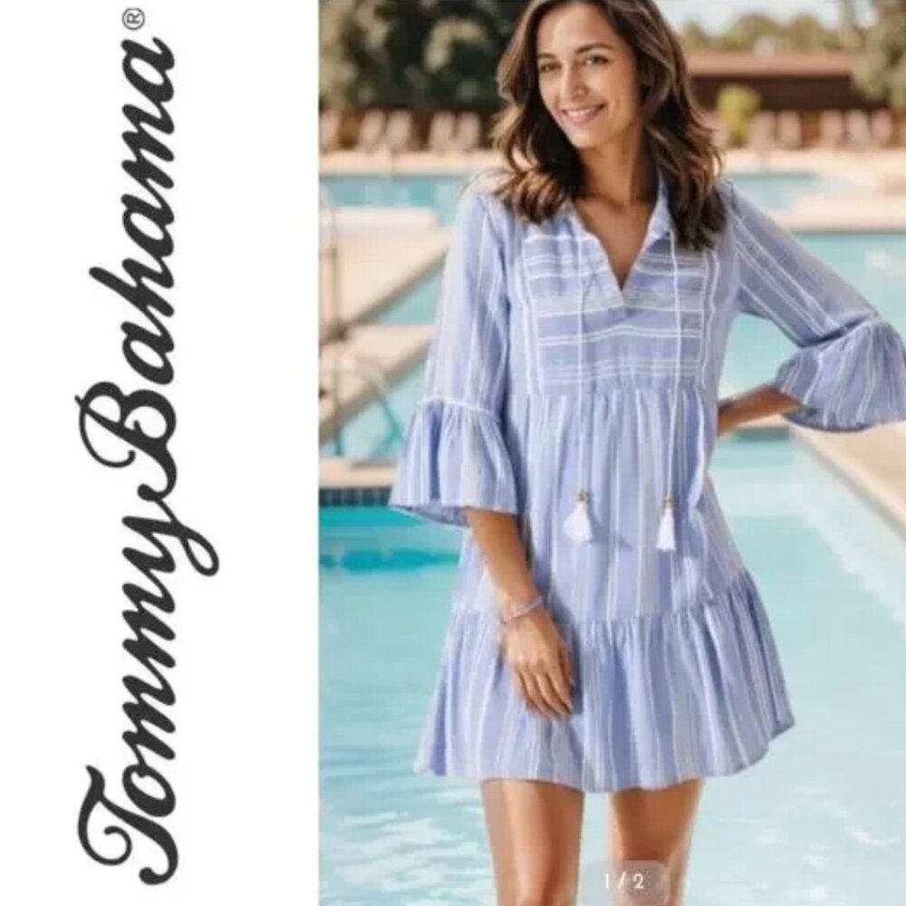 Tommy Bahama Linen Blend Stripe Tiered Dress V-Neck Tassels Bell Sleeve SZ L